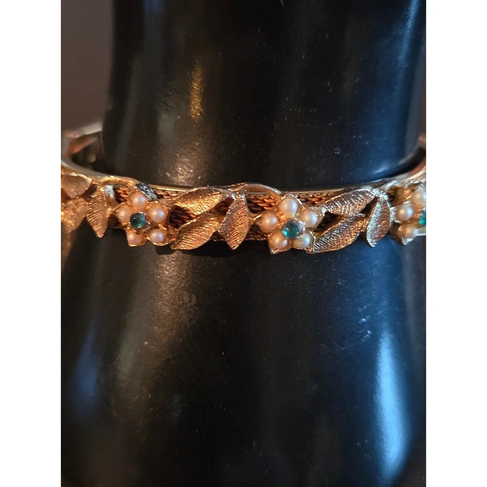 Vintage MCM Gold Tone Floral Mesh Bangle Faux Pearl Green Rhinestone Hinge